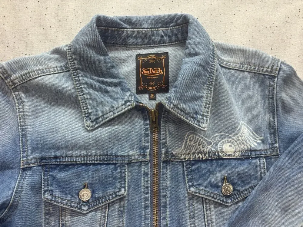 Von Dutch Originals Denim Jacket Mens Medium M Blue Full Zip Flying Eyeball Y2K